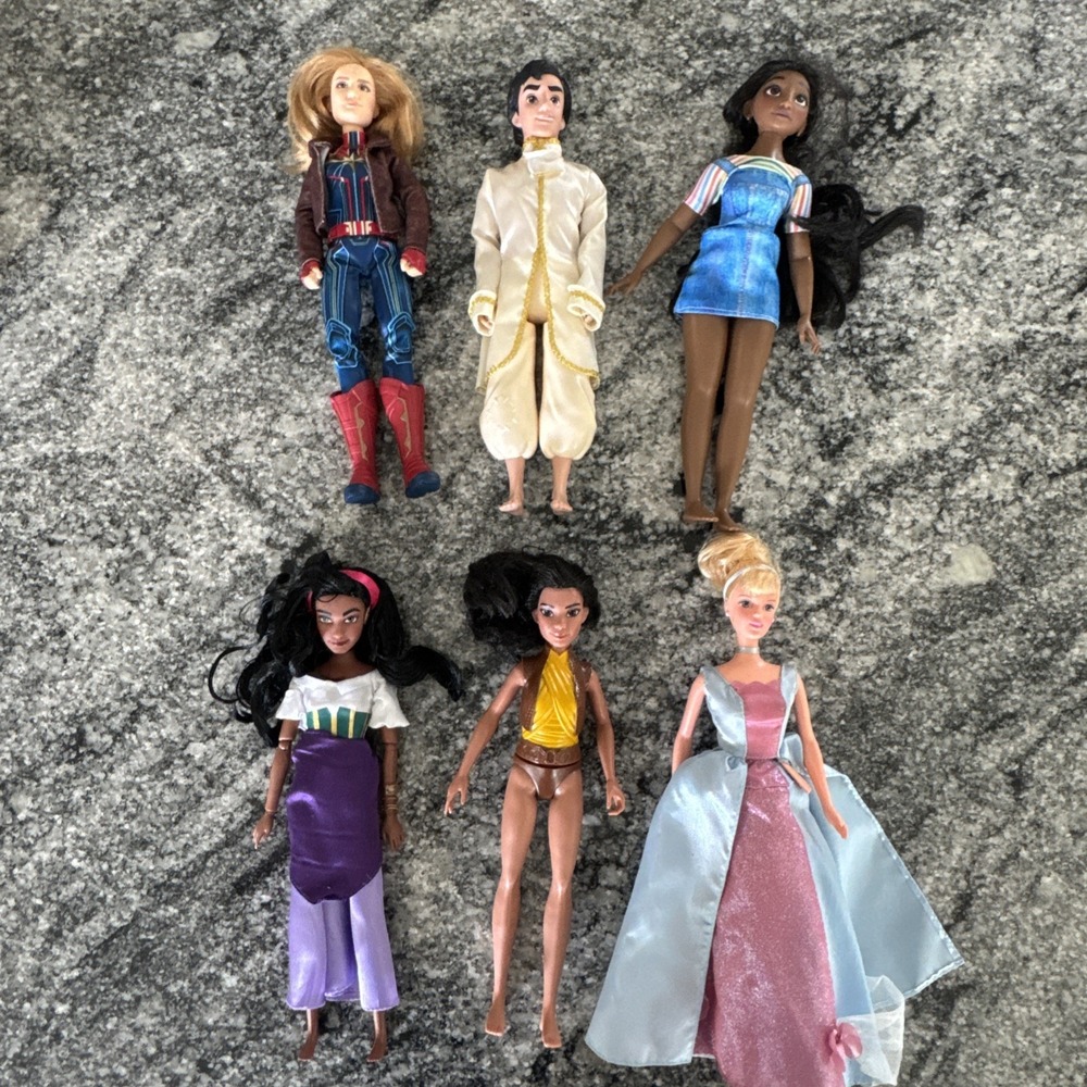 Mixed Lot of 6 Disney Princess Prince And Marvel Dolls Aladdin Cinderella Raya